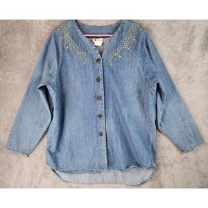 Visage Vintage Shirt Womens Large Blue Denim Studded Button Up Made in USA
